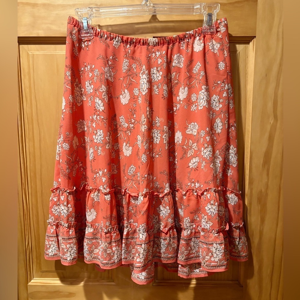 Max Studio Women's Orange Floral Skirt Flounce Knee Length